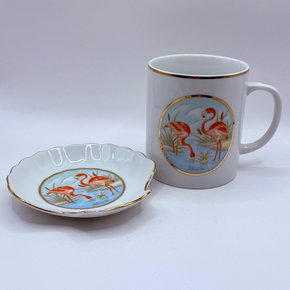 Vintage 1987 Lefton China Florida Flamingo Mug and Shell‎ Dish Set 08106 08111